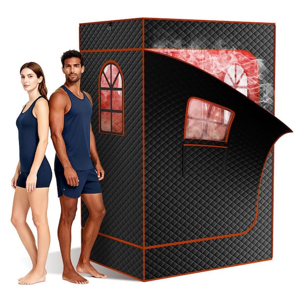 2-Person Infrared Sauna Box with 2-Steamers and 2-Folding Chairs, 3-Windows Red Light Therapy Tent with 2 Therapy Lamps