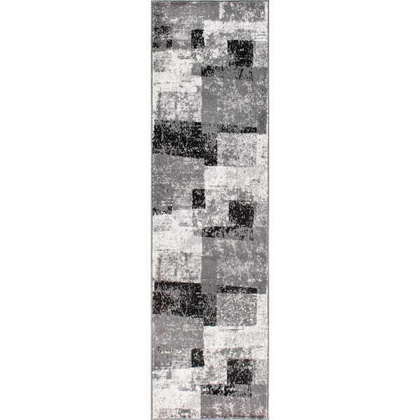 World Rug Gallery Gray 2 ft. x 7 ft. Contemporary Abstract Bo x es Runner Rug