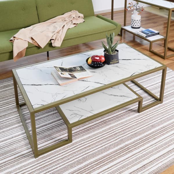 Homy Casa Suri 47.2 in. White Marble Rectangular MDF Coffee Table with Golden Leg