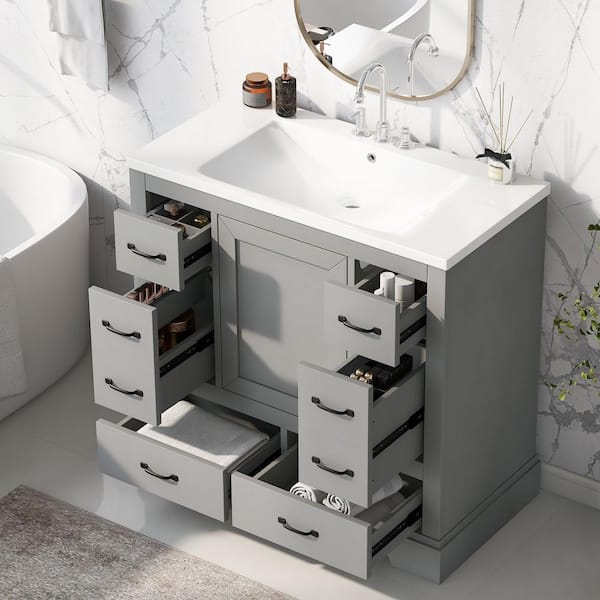 36 in. W x 18 in. D x 34.2 in. H Freestanding Bath Vanity in Grey with White Ceramic Top Single Basin Sink