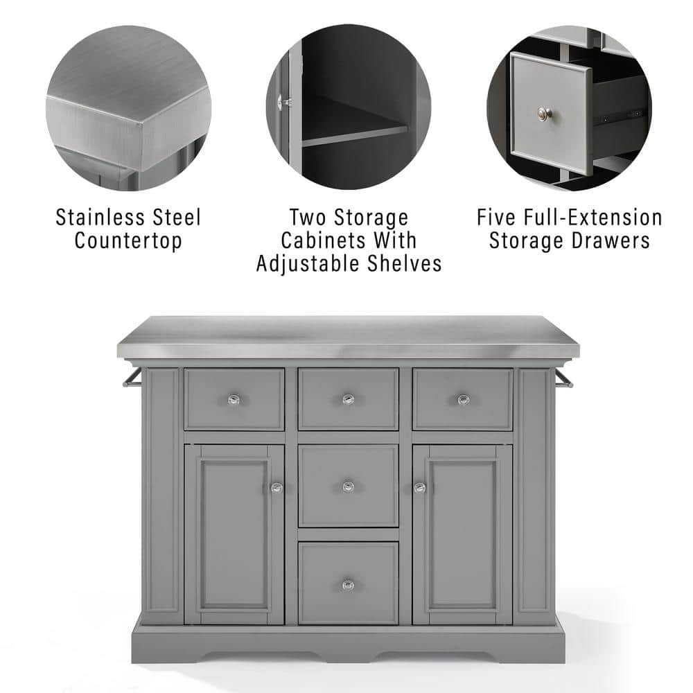 Julia Gray Stainless Steel Top Kitchen Island with Storage
