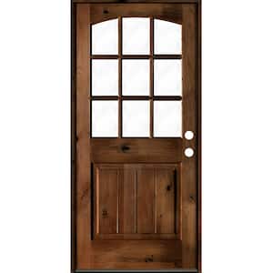 32 in. x 80 in. Knotty Alder Left-Hand/Inswing 9-Lite Arch Top Clear Glass Provincial Stain Wood Prehung Front Door