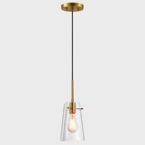 1-Light Antique Brass Cone Pendant Light with Clear Glass Shade