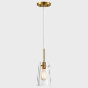 1-Light Antique Brass Cone Pendant Light with Clear Glass Shade