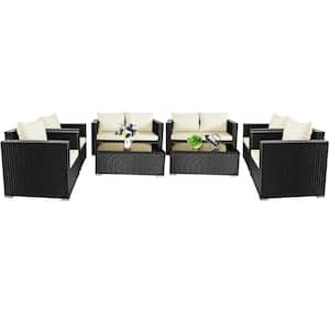 8-Piece Rattan Patio Conversation Set Outdoor Furniture Set w/Off White Cushions