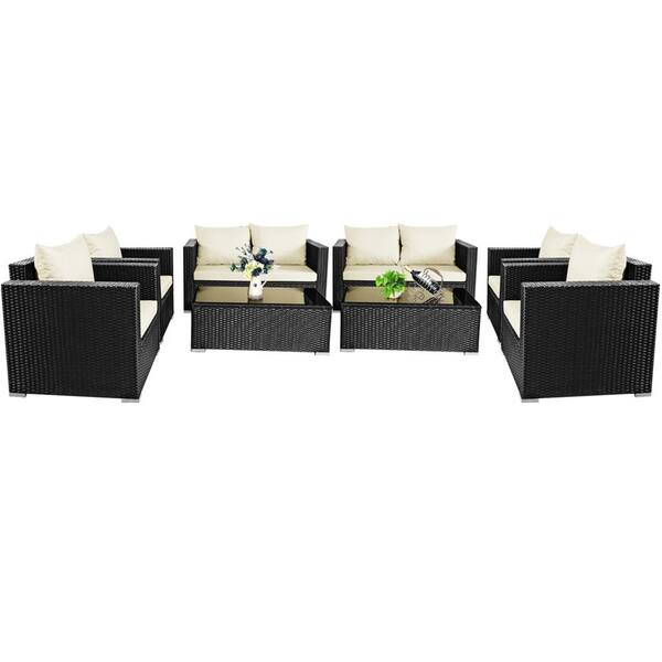 Gymax 8-Piece Rattan Patio Conversation Set Outdoor Furniture Set w/Off White Cushions