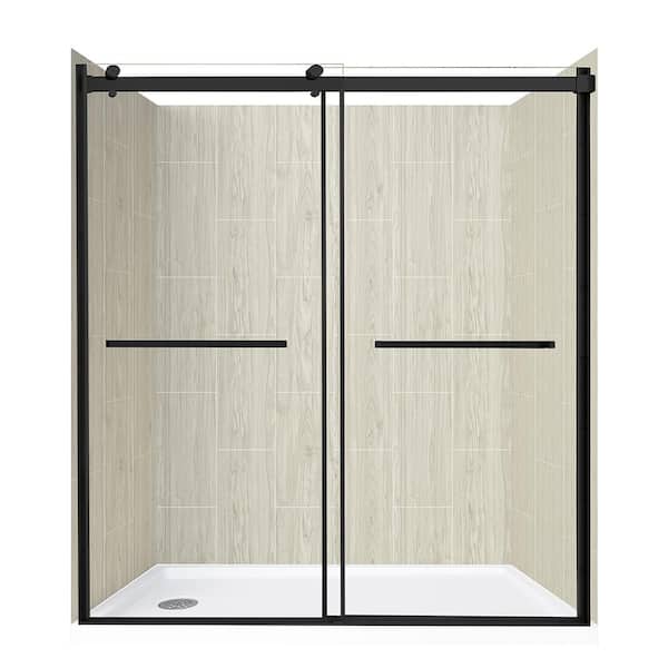 CRAFT + MAIN Dbl Roller 60 in. L x 32 in. W x 78 in. H Left Drain Alcove Shower Stall Kit in Driftwood and Matte Black Hardware