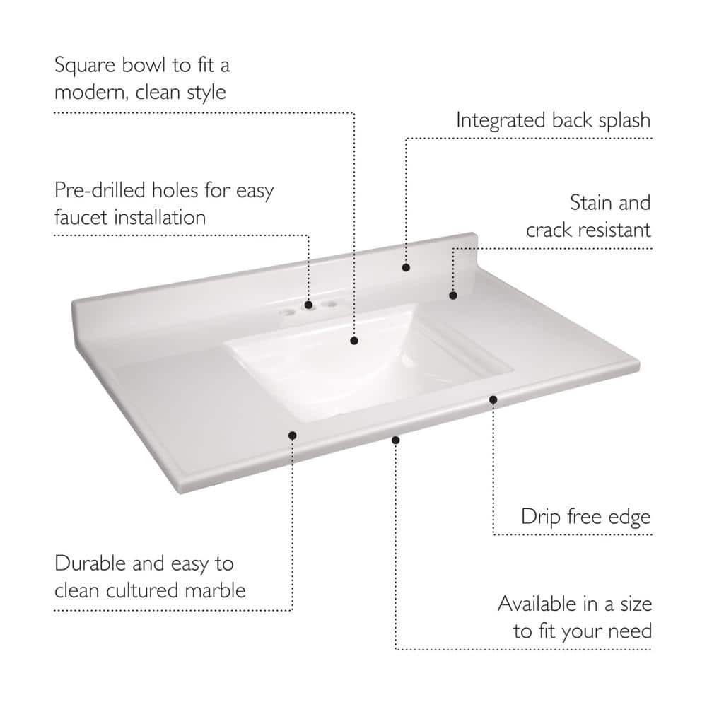 Camilla 37-Inch Solid White Cultured Marble Vanity Top