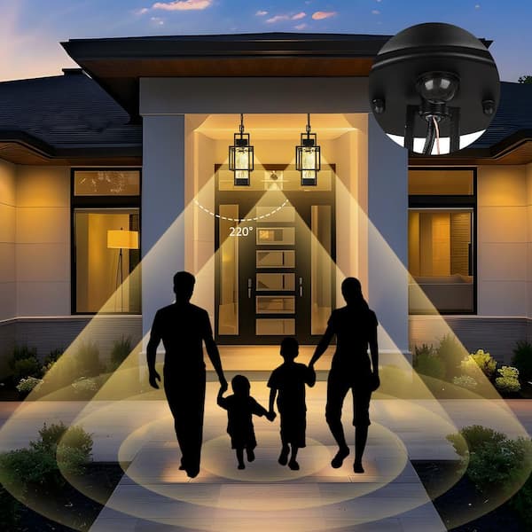 Modern 6W 15 in. Black Pendant Light Motion Sensor Exterior Hanging Lantern, Indoor Chandelier Fixture with Glass Shade