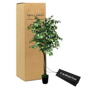 Handmade 5 ft. Artificial 3-Tier Ficus Tree in Home Basics Plastic Pot Made with Real Wood and Moss Accents