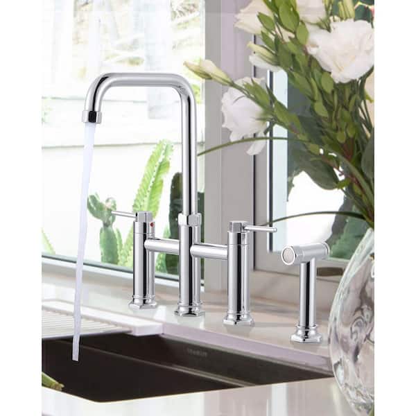 Brass Double Handle Bridge Kitchen Faucet with Side Sprayer in Polished Chrome
