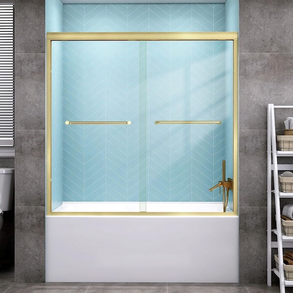 60 in. W x 58 in. H Semi-Frameless Double Sliding Tub Door in Brushed Gold Alcove Bathtub Door with Clear Glass