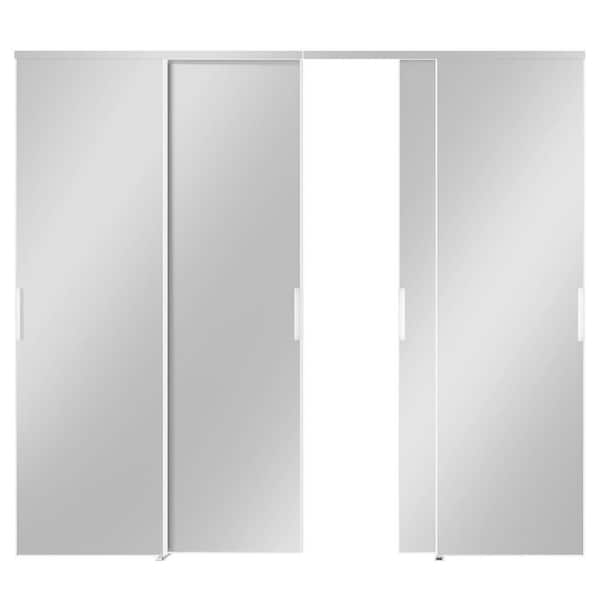 96 in. x 80 in. Full Lite, MDF, White, Mirrored Glass Sliding Door with Aluminum Frame and Handles
