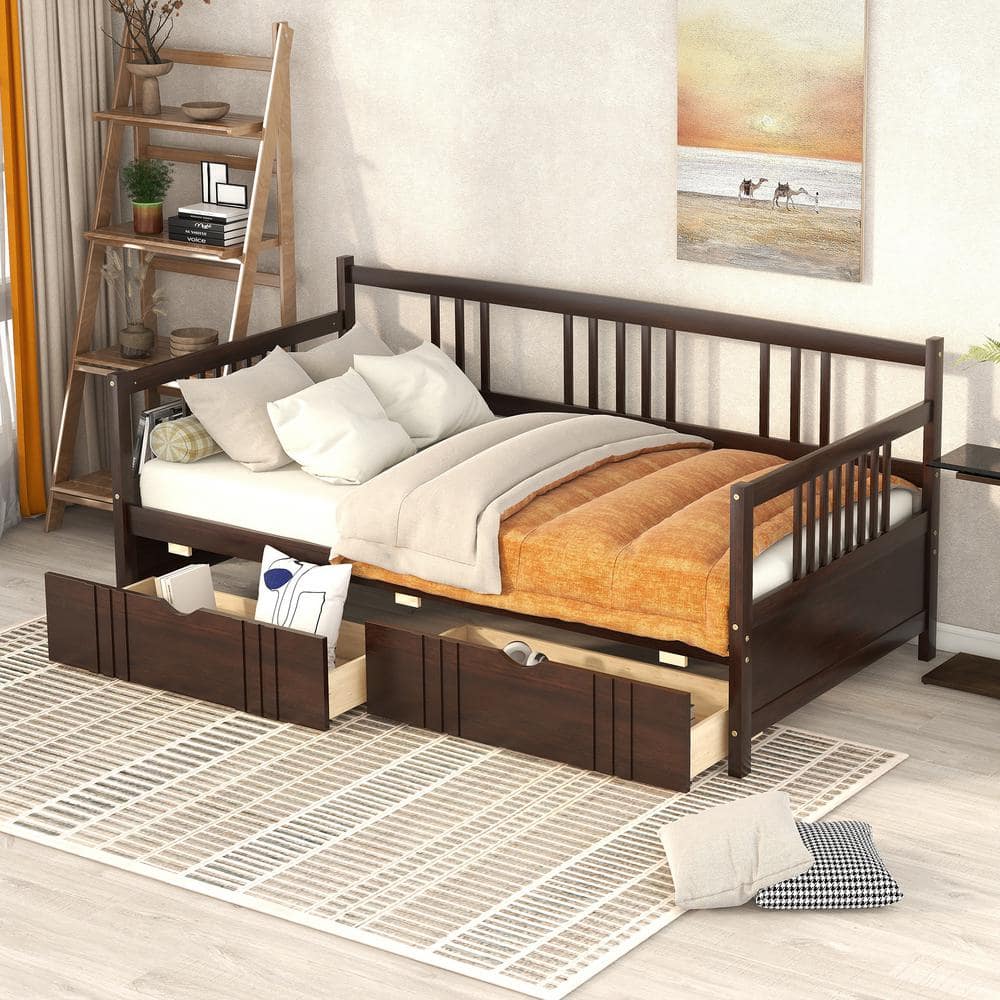 Harper & Bright Designs Espresso Wood Frame Twin Size Daybed with 2