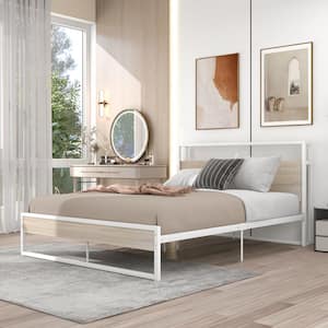 62 in. W White Queen Size Metal Platform Bed Frame with Sockets and USB ports, Bed Frame with Headboard and Footboard