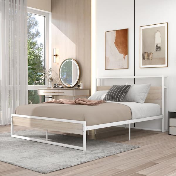 URTR 62 in. W White Queen Size Metal Platform Bed Frame with Sockets and USB ports, Bed Frame with Headboard and Footboard