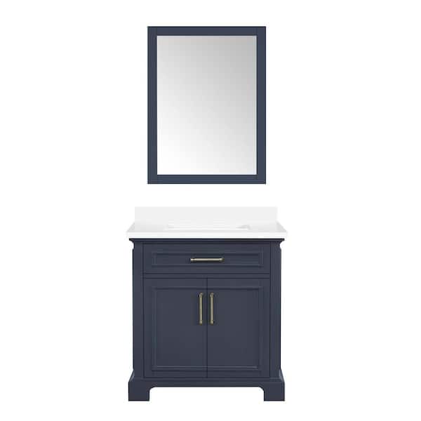 OVE Decors Sarah 30 in. W x 22 in. D x 35 in. H Single Sink Vanity in Midnight Blue with White Engineered Stone Top and Mirror
