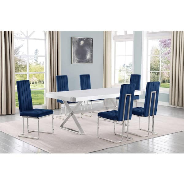 Best Quality Furniture Miguel 7-Piece Rectangle White Wood Top Silver Stainless Steel Dining Set with 6 Navy Blue Velvet Chairs