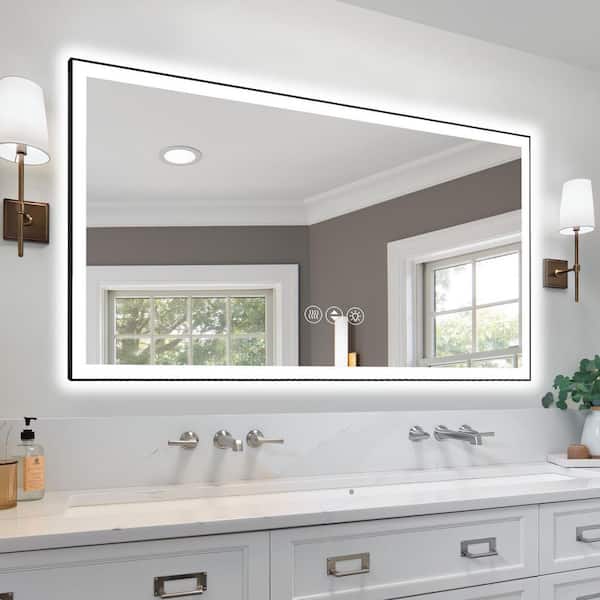 72 in. W x 36 in. H Rectangular Aluminum Framed Anti-Fog Dimmable Wall Mounted LED Bathroom Vanity Mirror in Gold