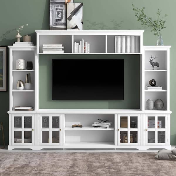 Polibi Modern White TV Stand Fits TV's up to 70 in. with Bridge, Tempered Glass Door