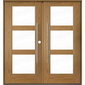 Faux Pivot 72 in. x 80 in. Left-Active/Inswing 3-Lite Clear Glass Bourbon Stain Double Fiberglass Prehung Front Door