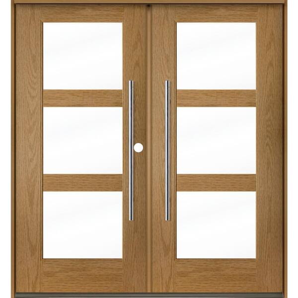 Faux Pivot 72 in. x 80 in. Left-Active/Inswing 3-Lite Clear Glass Bourbon Stain Double Fiberglass Prehung Front Door