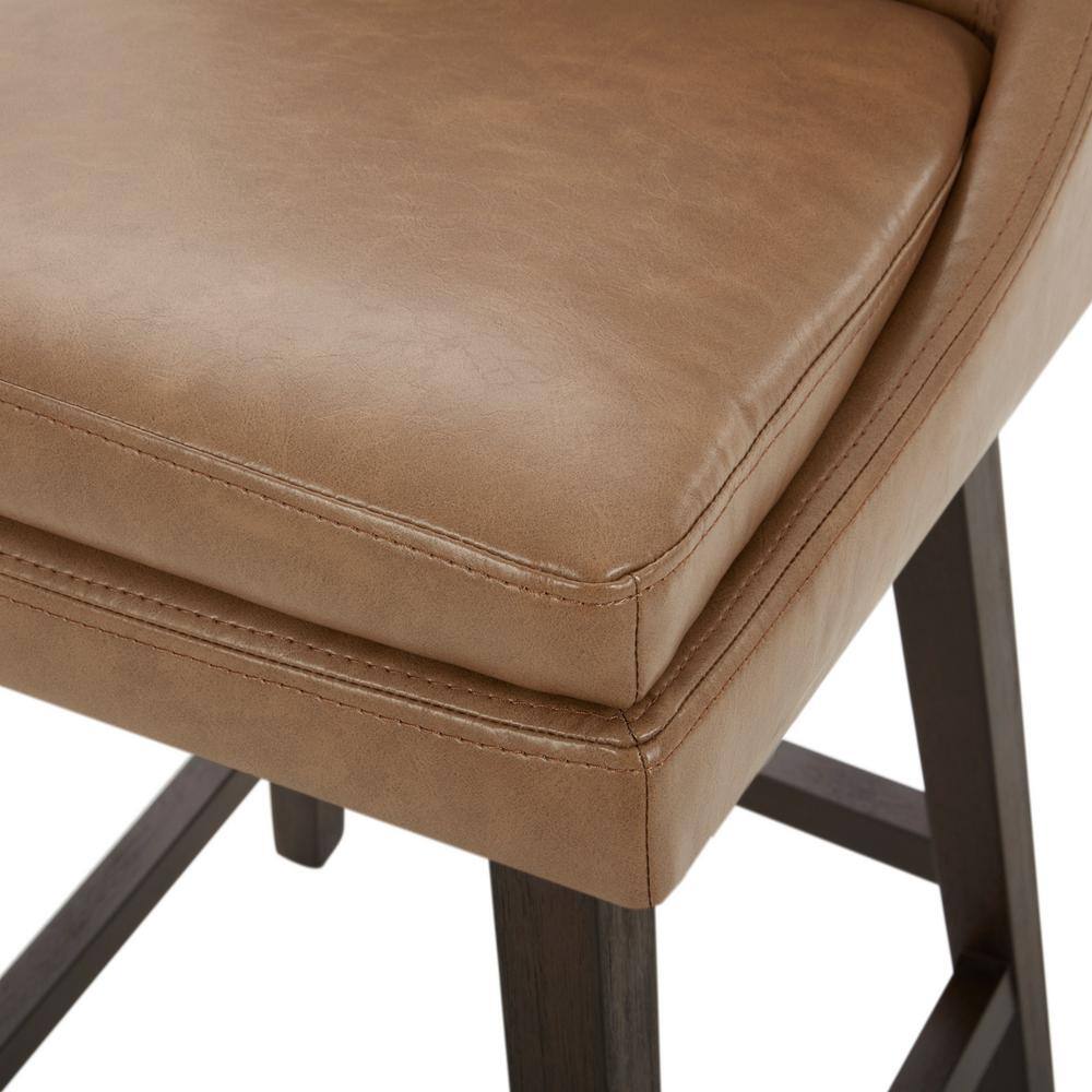 Saddle Brown Faux Leather Swivel Counter Stools with Espresso Wood Frame, Set of 2