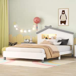 White Wood Full Size Platform Bed with House-shaped Headboard and Night Lights