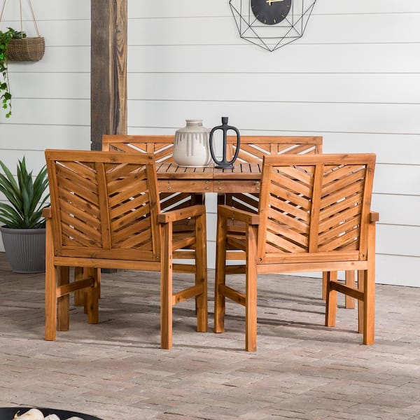 Brown Walker Edison Furniture Company AZW4DGVINBR 5 Person Outdoor Wood Chevron Patio Furniture Dining Set Table Chairs Bench All Weather Backyard Conversation Garden Poolside Balcony 