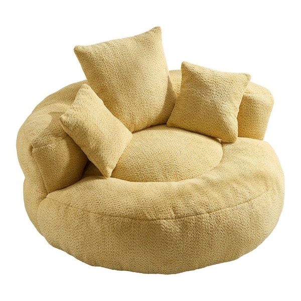 Modern Comfy Yellow Chenille Upholstery Bean Bag Round Accent Arm Chair