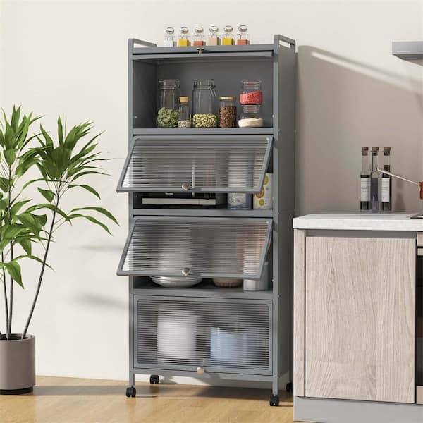 Costway Grey 5 Tier Metal 23.5 in. W Kitchen Baker s Rack Storage Cabinet Mobile Microwave Stand Flip Up Doors HCST02772 The Home Depot