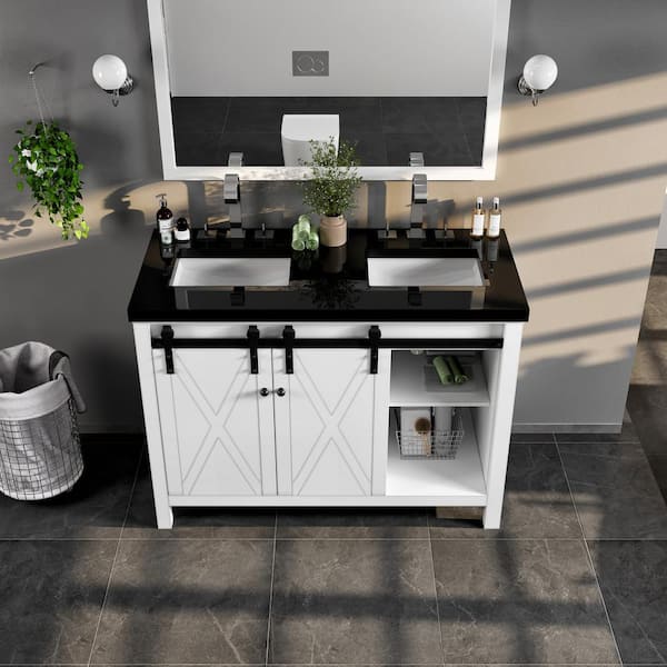 Eviva Dallas 48 in. W x 22 in. D x 34 in. H Double Bath Vanity in White with Black Granite Top with Black Sinks
