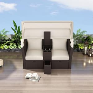 2-Seater Gray Wicker Rattan Outdoor Patio Double Day Bed Outdoor Love seat Sofa Set with Foldable Awning Beige Cushions