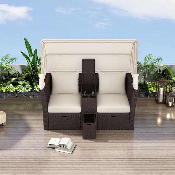 Unbranded 2-Seater Gray Wicker Rattan Outdoor Patio Double Day Bed Outdoor Love seat Sofa Set with Foldable Awning Beige Cushions