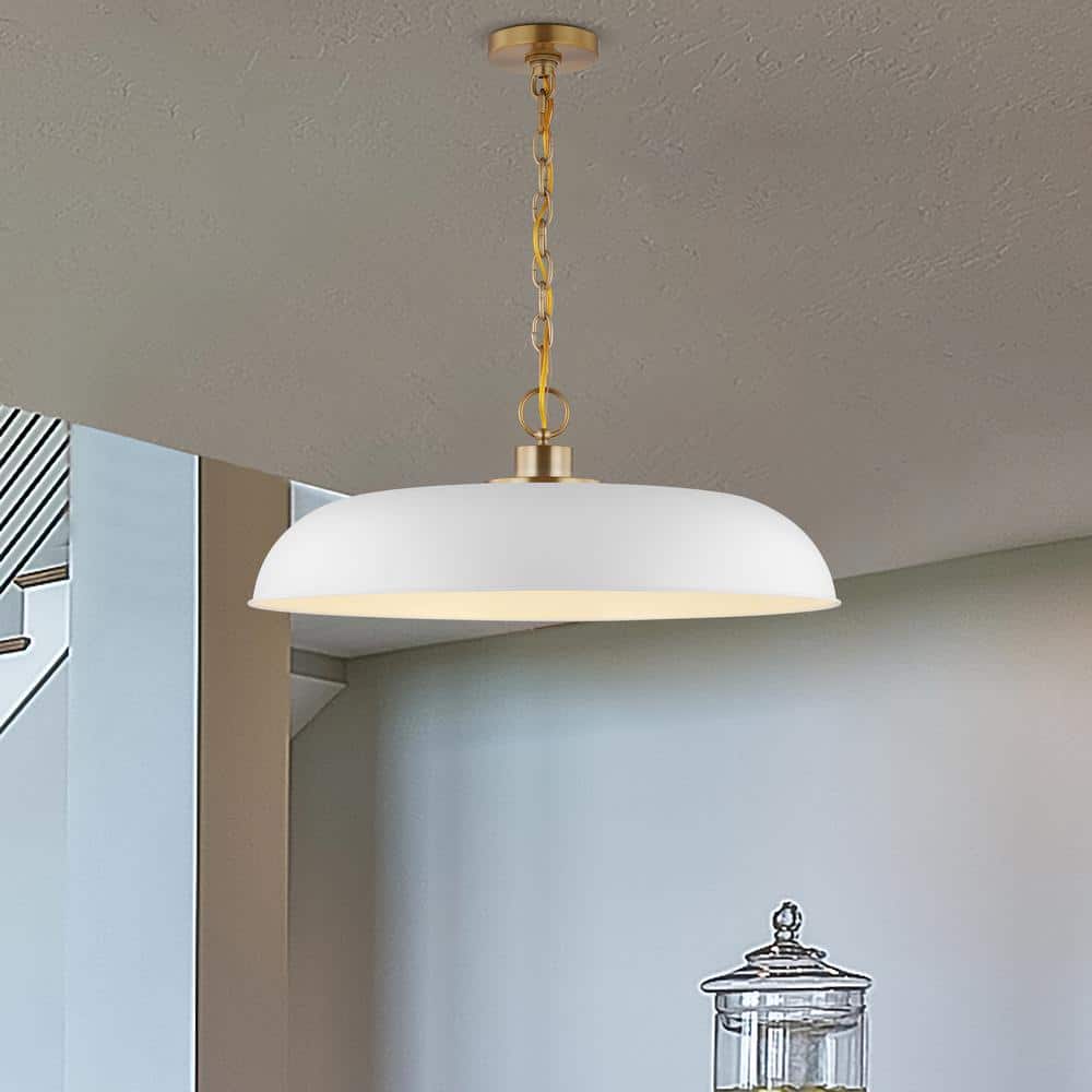 Colony Large Dome Pendant Light in Matte White and Burnished Brass