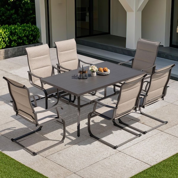 Gray 7-Piece Iron and Textilene Rectangle Outdoor Dining Set with Umbrella Hole, Weather-Resistance and C-Spring Motion