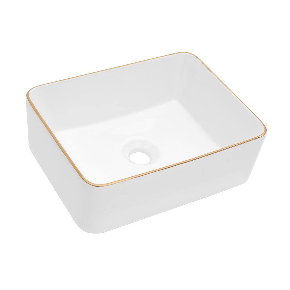 19x15 Inch White Ceramic Rectangular Vessel Bathroom Sink with Gold Trim
