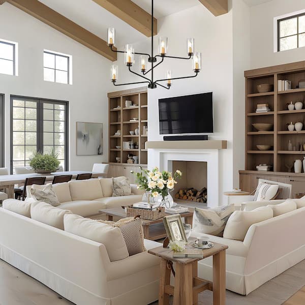 Transitional 37 in. 8-Light Black and Satin Gold 3-Tiered Candlestick Chandelier with Clear Glass Shades for Living Room