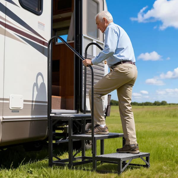 Durable RV Steps with Dual Handrails, 3-Step Design, 660 lbs. Load Capacity, Sturdy Outdoor Stairs for Seniors and Pets