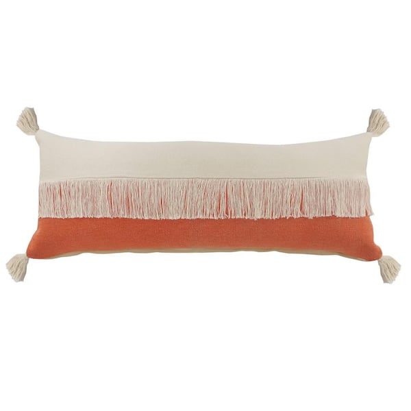 Unbranded Festival Fringe Citrine Orange/Off-White Color Block Soft Poly-Fill 14 in. x 36 in. Indoor Throw Pillow