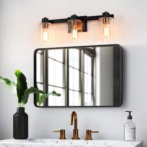 22.4 in. 3-Light Matte Black and Gold Bathroom Vanity Light with Clear Glass Shades