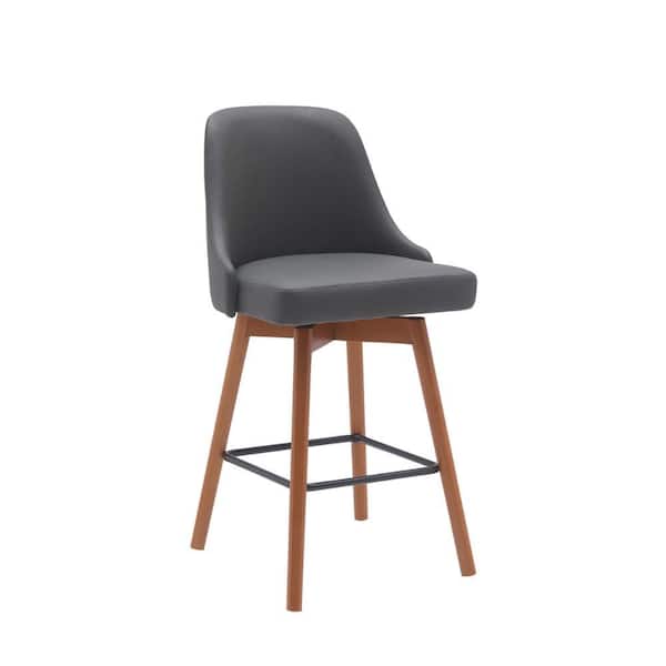 Benjara 32.5in. Gray and Brown Low Back Metal Frame Counter Stool with Faux Leather Seat