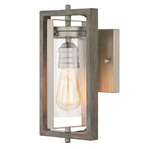 Palermo Grove 12.5 in. 1-Light Antique Nickel Rustic Farmhouse Outdoor Wall Lantern with Weathered Gray Wood Accents