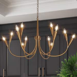 Modern 36.2 in. 12-Light Brass Candlestick Chandelier for Dining Room with Curved Arms, Kitchen Island Ceiling Light