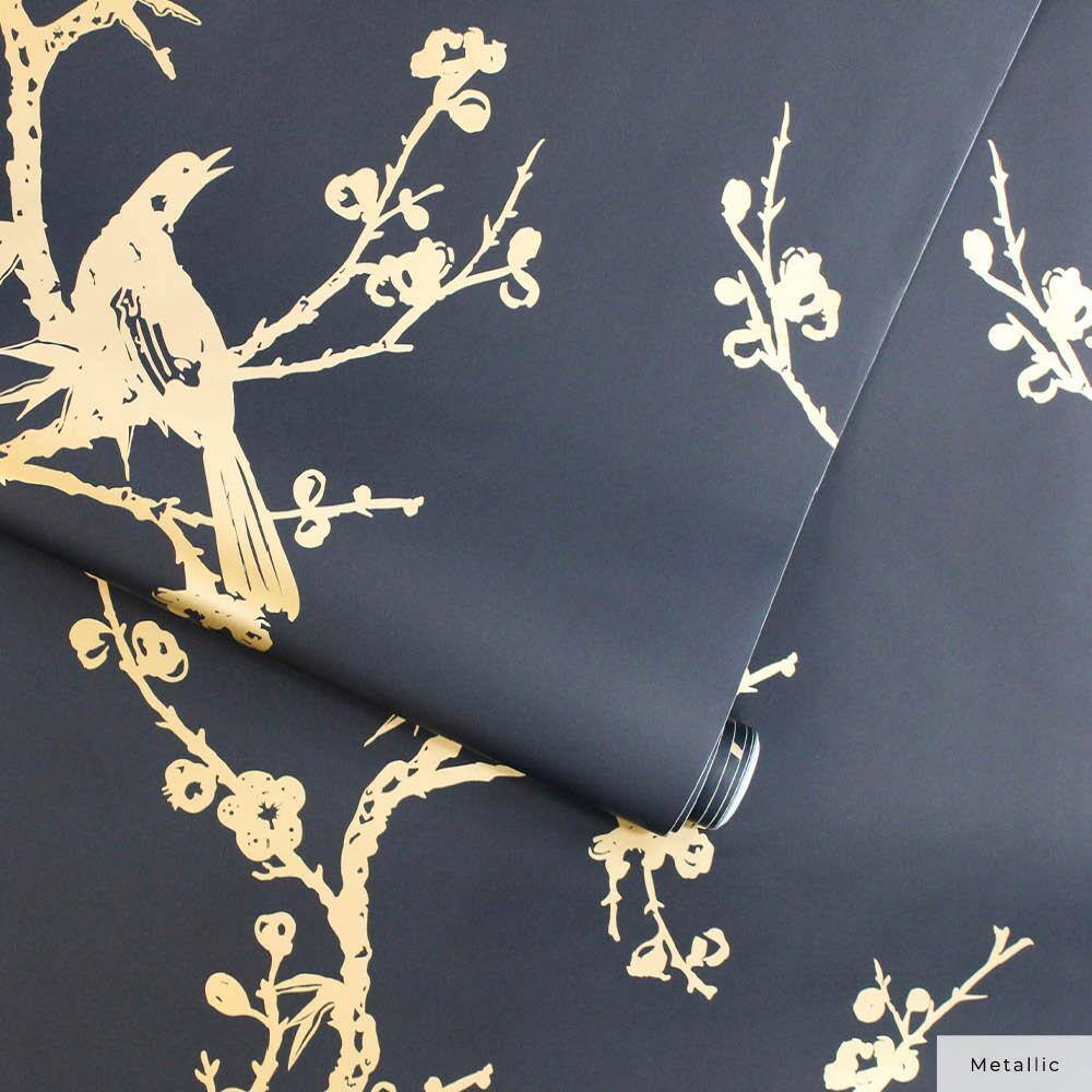 Black and Gold Chinoiserie Bird Peel and Stick Wallpaper