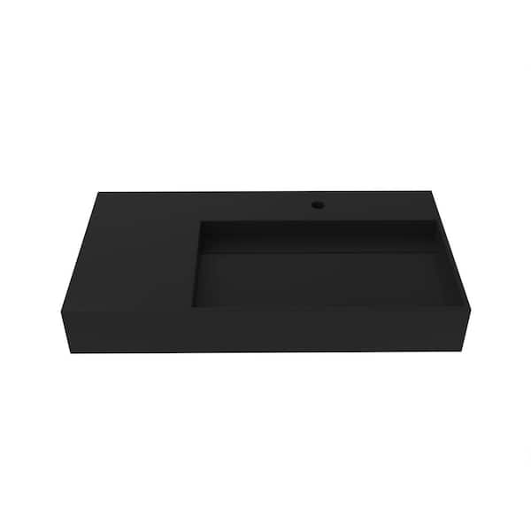 castellousa Juniper 35.43 in. Wall Mount Solid Surface Right Side Basin Rectangle Bathroom Sink in Matte Black