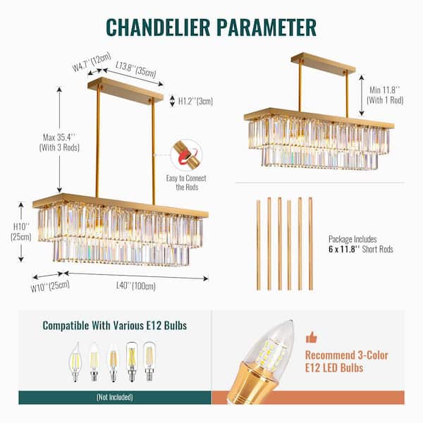 LuminFan 39 in. 10-Light Gold 2-Tier Rectangle Crystal Chandelier