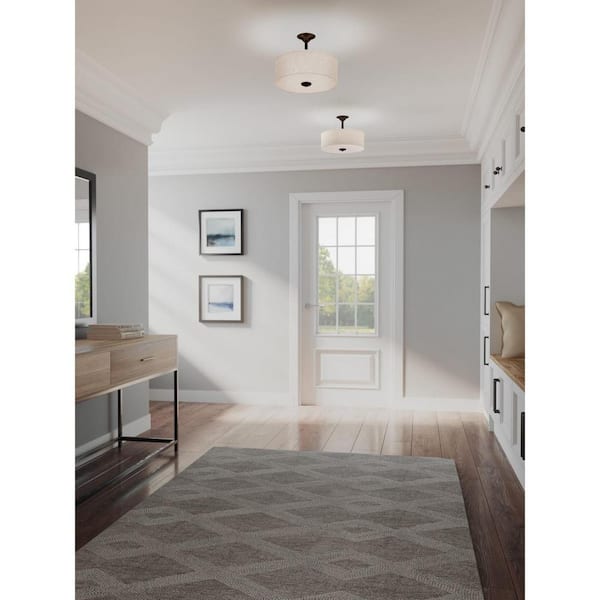 Inspire Collection 13 in. 2-Light Antique Bronze Transitional Semi-Flush Ceiling Mount with Off-White Linen Shade