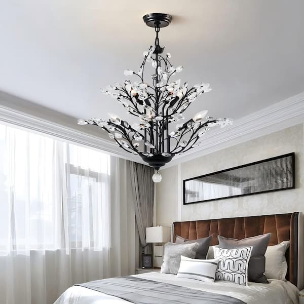 8-Light 27.5 in. Black Crystal Modern Tiered Dimmable Chandeliers Dining Kitchen Ceiling Lights Foyer Bedroom Lighting