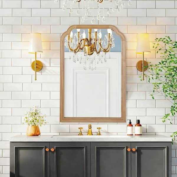 Natural Wood 20 in. W x 30 in. H Rectangle Solid Wood Frame Mirror with Rounded Corners for Bathroom Living Room Decor